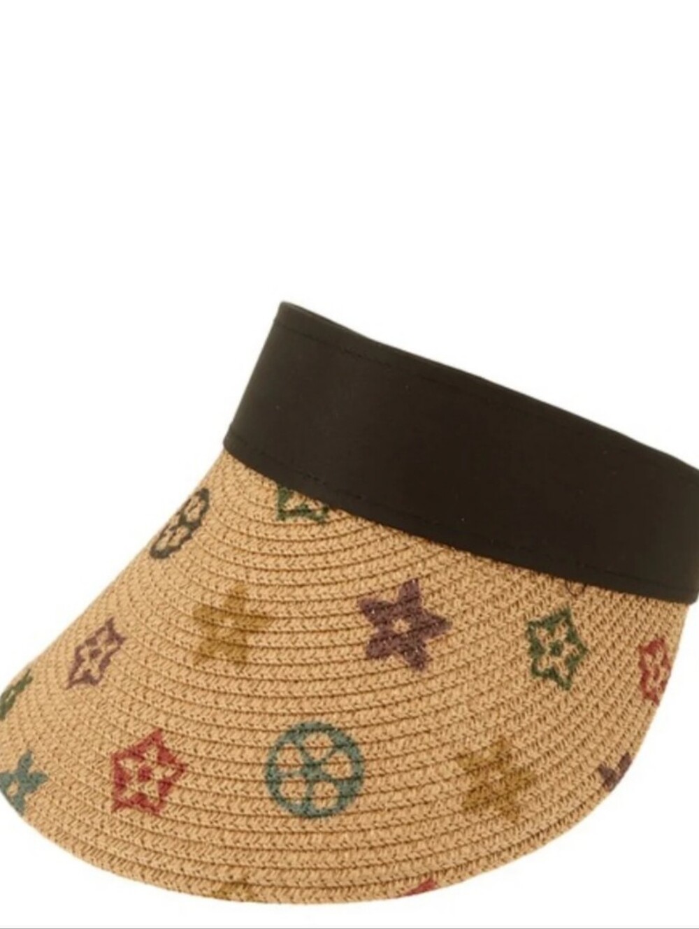 🟤Fashion Woven Straw Visor w/ Multicolor Star Motif - Black Band